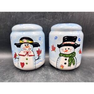 Blue Mr & Mrs Snowman Salt & Pepper Shakers 3.5" Tall Christmas Bird Snowflake